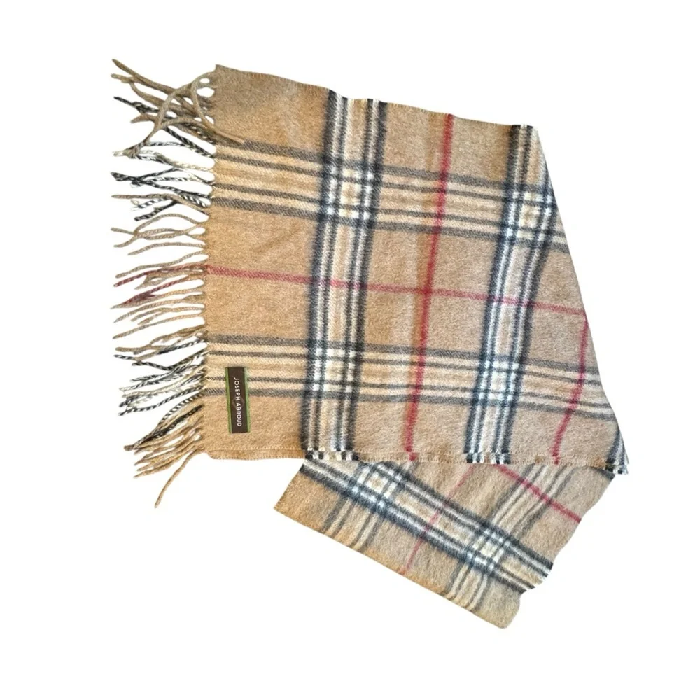 Joseph Abboud 100% Cashmere 55” Long Tan Multicolor Plaid Fringe Scarf I16